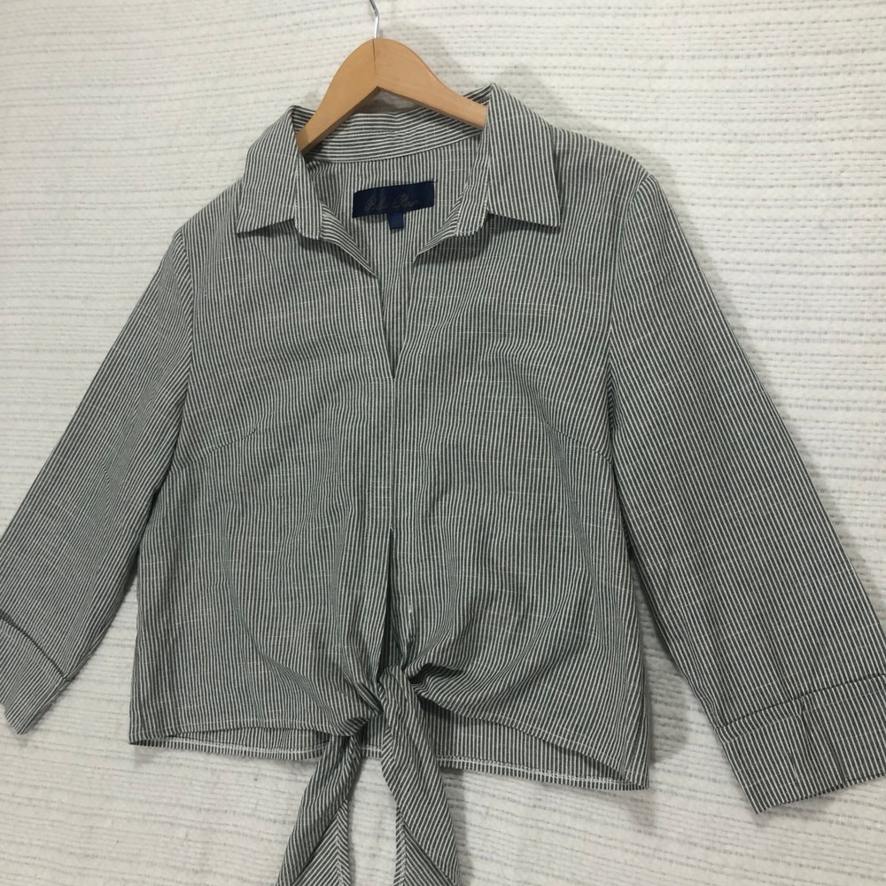 Blue Rain Tie-Front‎ Crop Top Striped 3/4 Sleeve Blouse Size L